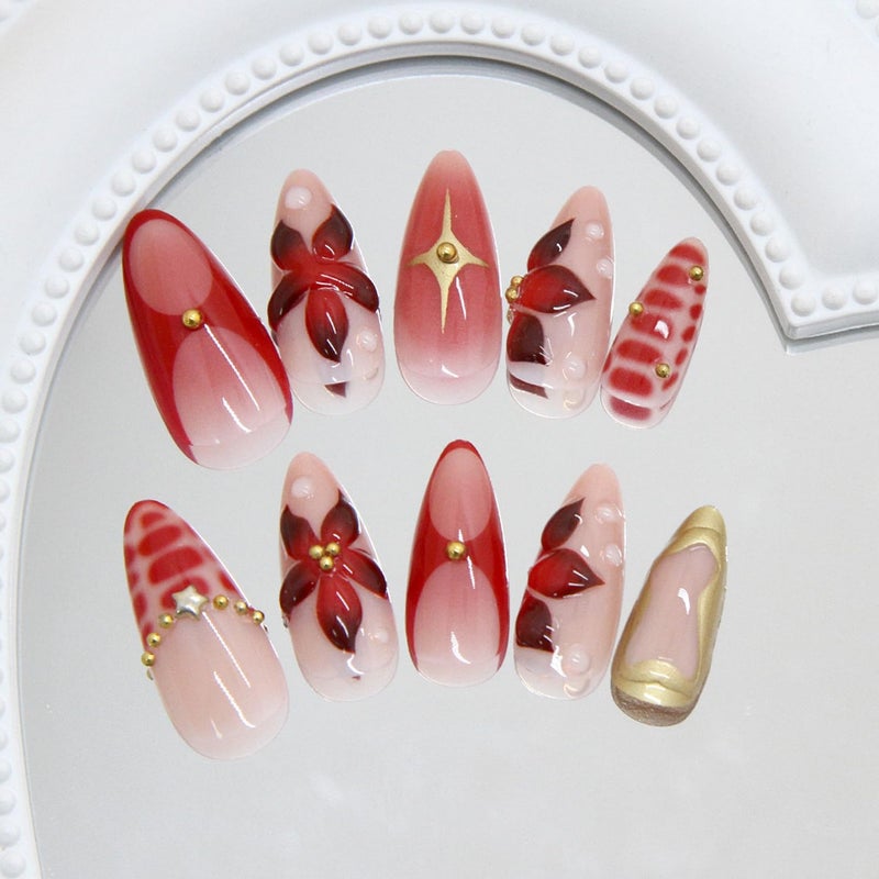 CJDLTS 24Pcs 3D Flower Fake Nail Medium Almond Gold Stars Rhinestones Lines Design Stick on Nails Full Cover Reusable Coffin Press on Nails Artificial Acrylic Fingernails for Women Manicure - Image 2